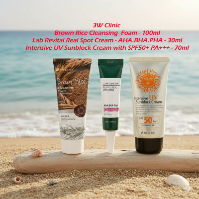 3W Clinic Brown Rice Cleansing  Foam - 100ml + Lab Revital Real Spot Cream - AHA.BHA.PHA - 30ml + Intensive UV Sunblock Cream with SPF50+ PA+++ - 70ml