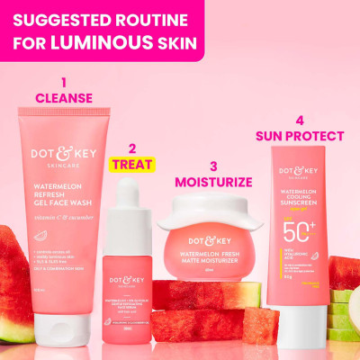 Dot & Key Watermelon Glow & Cool Complete Skincare Combo ( Gel Face Wash + Gel Moisturizer + 10% Glycolic Serum + Sunscreen)