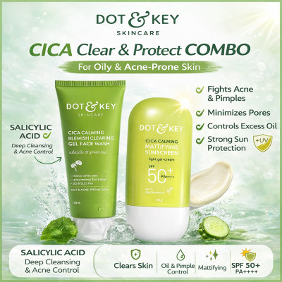 Dot & Key Cica Clear & Protect Combo (Cica+Salicylic Acid Face Wash - 100ml &  Cica+Niacinamide Sunscreen- 80gm)